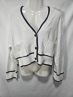 Sincerely Jules Cropped Cardigan M White Black Trim Preppy Coastal Knit Button